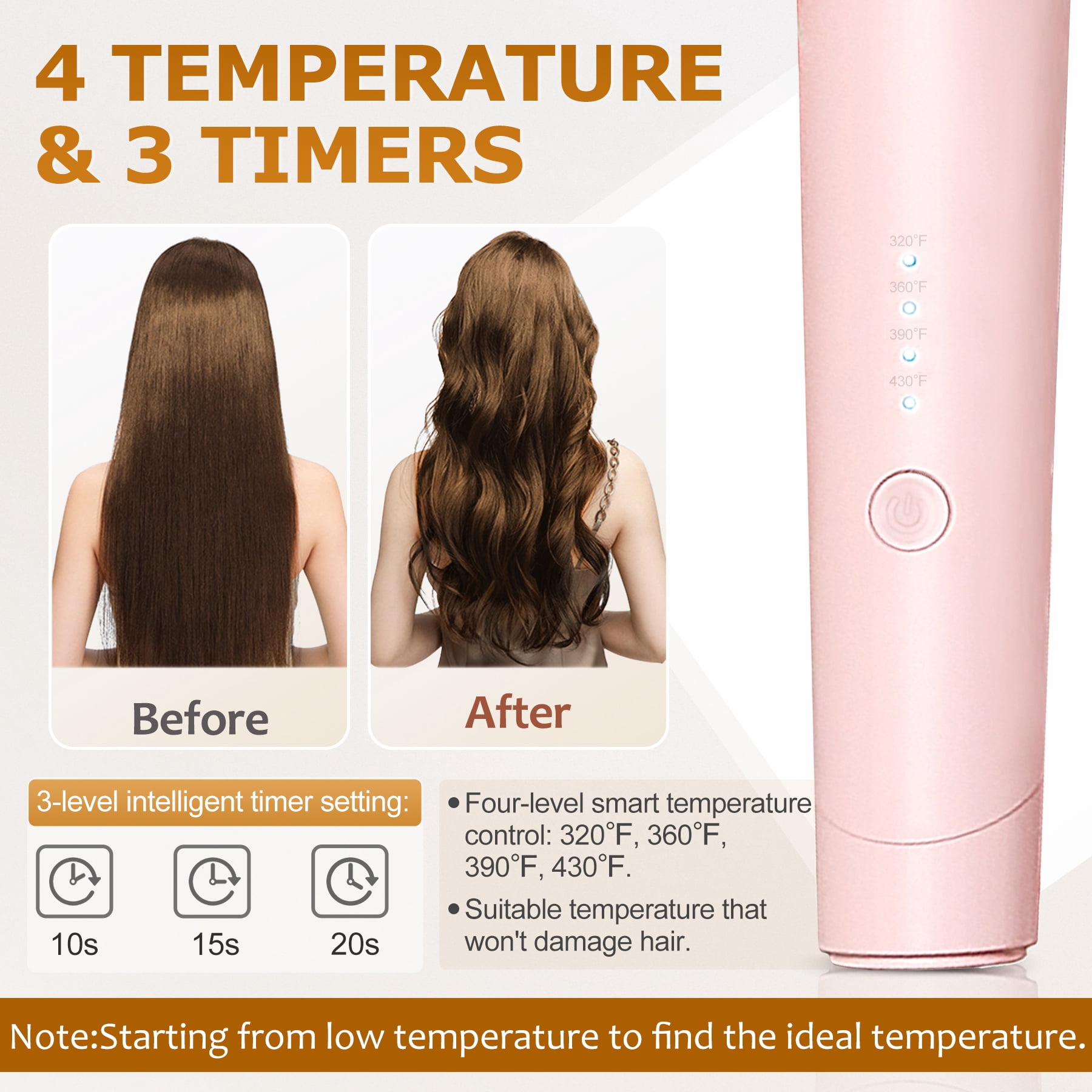 BILITOK Auto Hair Curler, Automatic Curling Iron with 4 Temperature & 3 Timer, Automatic Shut-Off, Anti-Scald, Anti-Tangle Rotating Curling Wand for Hair Styling Pink