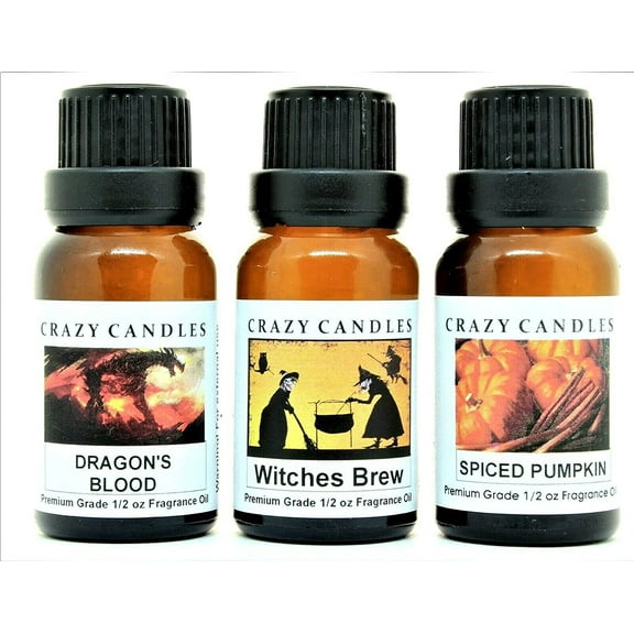 Crazy Candles 3 Bottle Halloween Collection Set (Made in USA) Dragon's Blood, Witches Brew, Spiced Pumpkin 1/2 fl oz Each (15ml) Premium Grade Scented Fragrance Oils