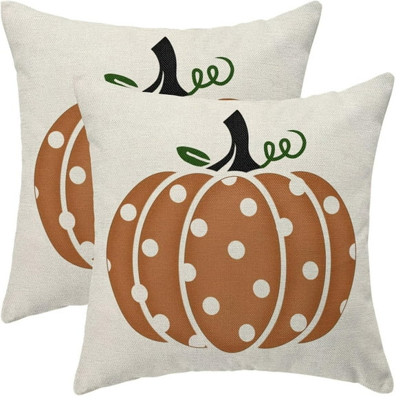 Fall Pillow Covers 18x18 Set of 2, Orange Polka Dots Pumpkin Farmhouse Fall Decorations Throw Pillow Covers Autumn Thanksgiving Outdoor Decorative Linen Cushion Case for Couch Sofa Home