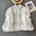 thumbnail image 3 of Blusa informal de manga farol con cuello levantado, camisa de encaje ahuecada con bordado de una sola botonadura, Top de moda, 3 of 5
