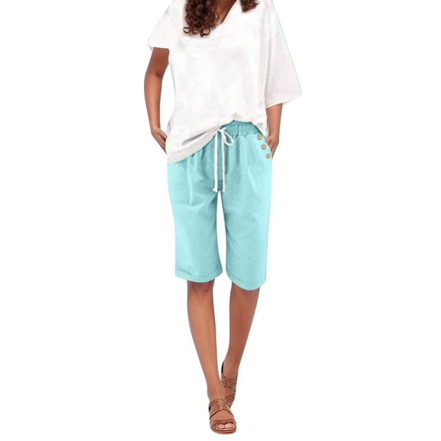 Women's Summer Solid Color Linen Drawstring High Waist Shorts Plus Size with Pockets
