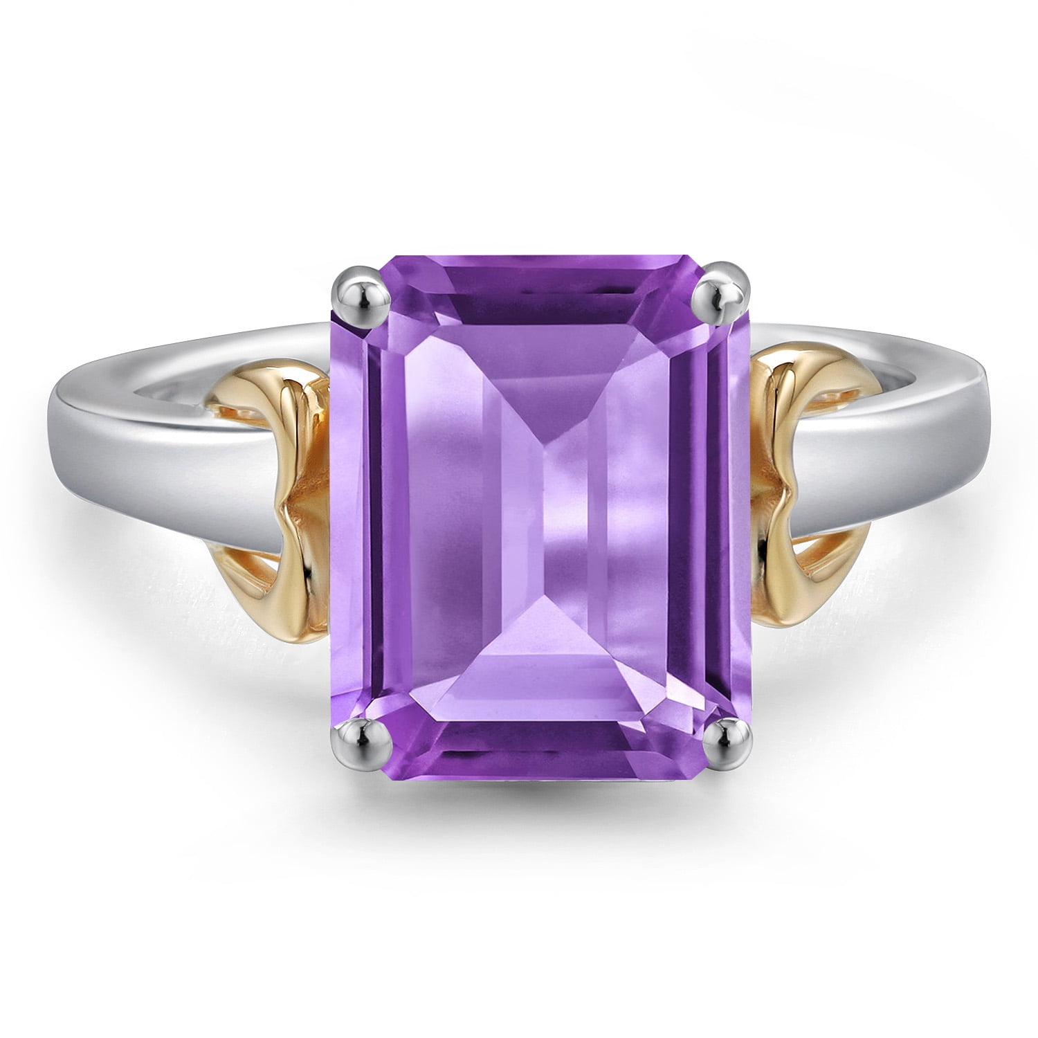 Gem Stone King 925 Silver and 10K Yellow Gold Purple Amethyst Solitaire Engagement Ring for Women | 3.50 Cttw | Octagon 10X8MM | Gemstone February Birthstone | Size 6