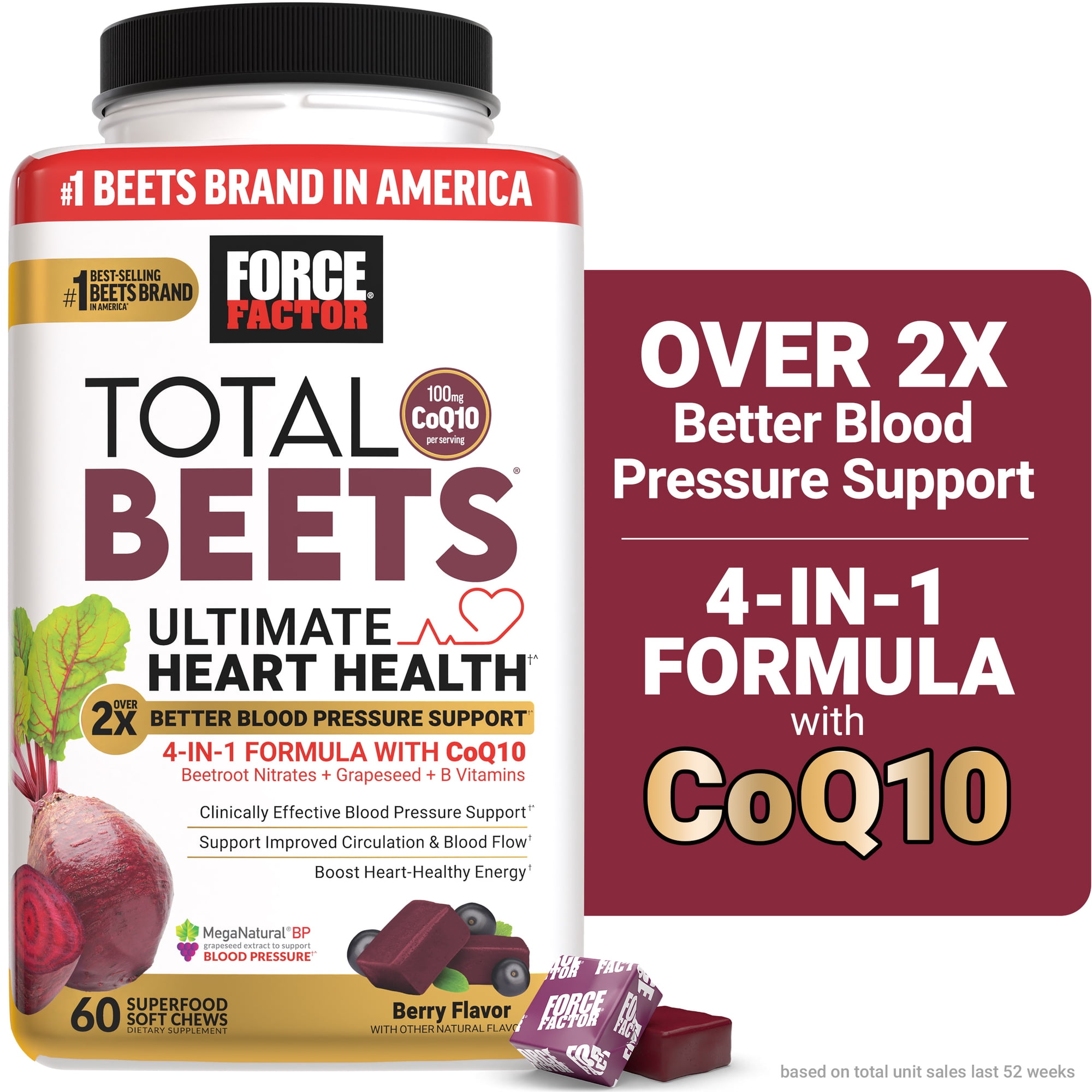 Force Factor Total Beets Ultimate Heart Health, Blood Pressure Support with CoQ10 & Beet Root for Nitric Oxide & Energy, Berry, 60 Soft Chews