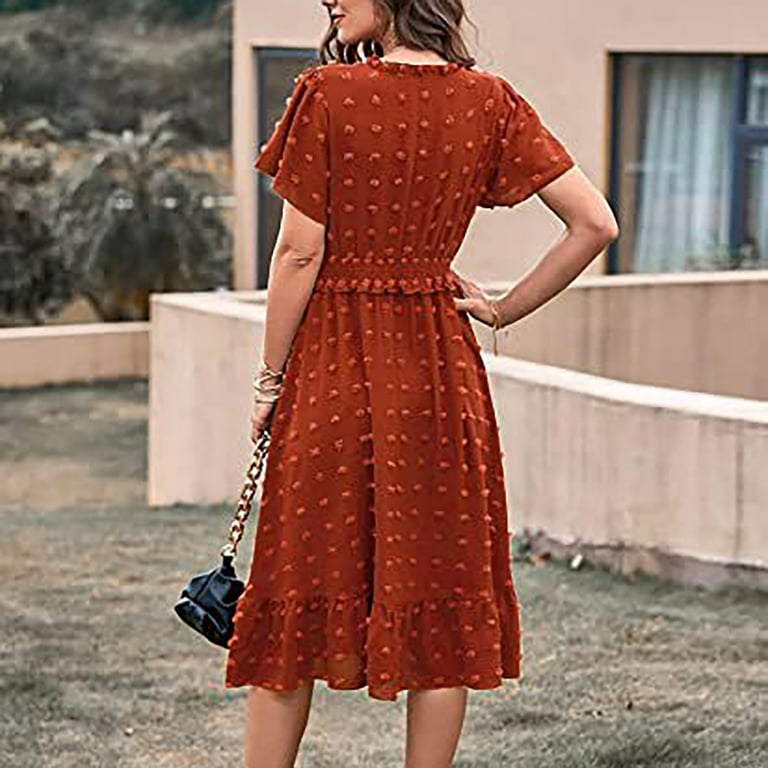 Quyuon Boho Midi Dress for Women, Summer Faux Wrap V-Neck Short Sleeve Ruffle Dresses Casual Loose Swing A-Line Mid-Length Dress Evening Party