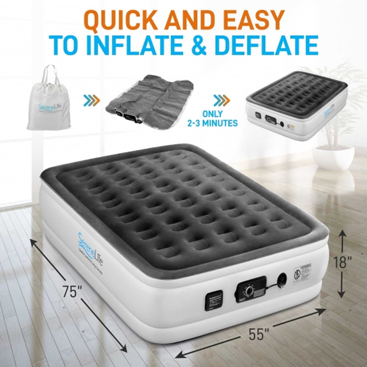 Details about   SereneLife SLABFL60 18’’ Full Premium Raised Airbed W/Built-in Internal AC Pump 