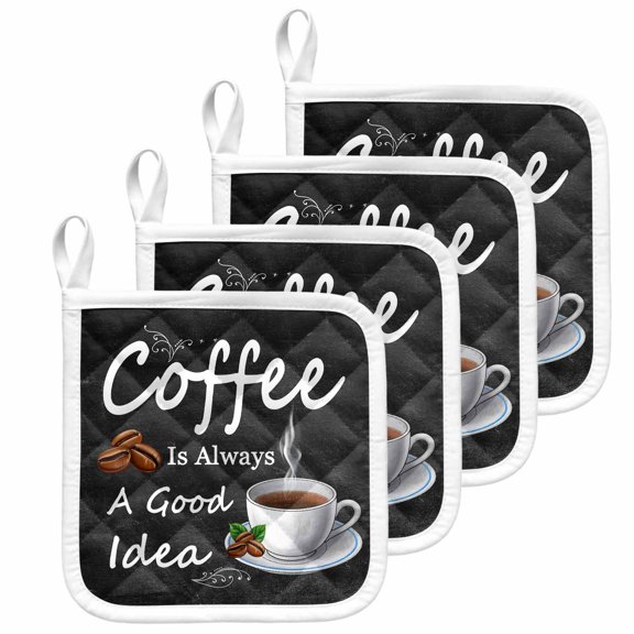 Black Coffee Vintage Pot Holders for Kitchen Heatproof Potholder, 4 Pack Farmhouse Coffee Cup Bean Hot Pads Multipurpose Oven Pads Cloth Potholders Trivet for Cooking and Baking