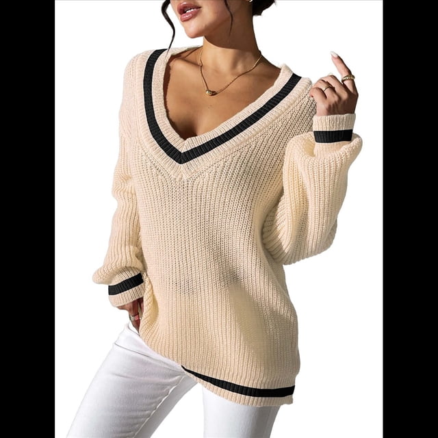 Suéter Holgado de Punto A Rayas de Larga para Mujer, Estilo Preppy, para Otoño e Invierno, con Cuello en V Albaricoque S