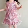 thumbnail image 4 of SERTG Girls Latin Dance Glittered Sequins Fringe Tank Dress Sleeveless Round Neck Kids Fall Winter Velvety Knee-Length Recital Gown Birthday Party Stage Performance Skirts(Pink,9-10 Years), 4 of 8