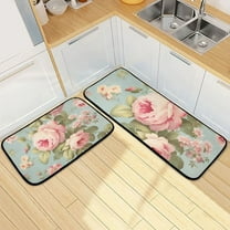 Leaves and Flowers Pink Kitchen Mats Set 2 Piece Non Slip Floor Foam Rugs Cushioned Soft Waterproof Carpet Runner for Dining Room Bathroom Laundry