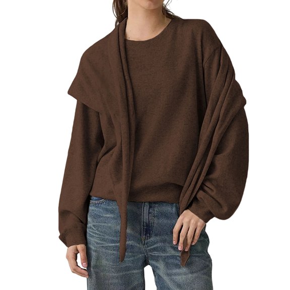 JUUNthy Womens Sweater with Matching Shawl, Crewneck Soft Knitted Long Sleeve Casual Pullover Sweater Tops Brown S