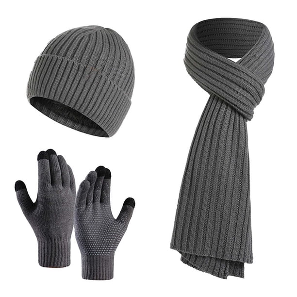Juego de tres piezas de lana gruesa de punto, Gorro, bufanda y guantes, Color Gris Oscuro