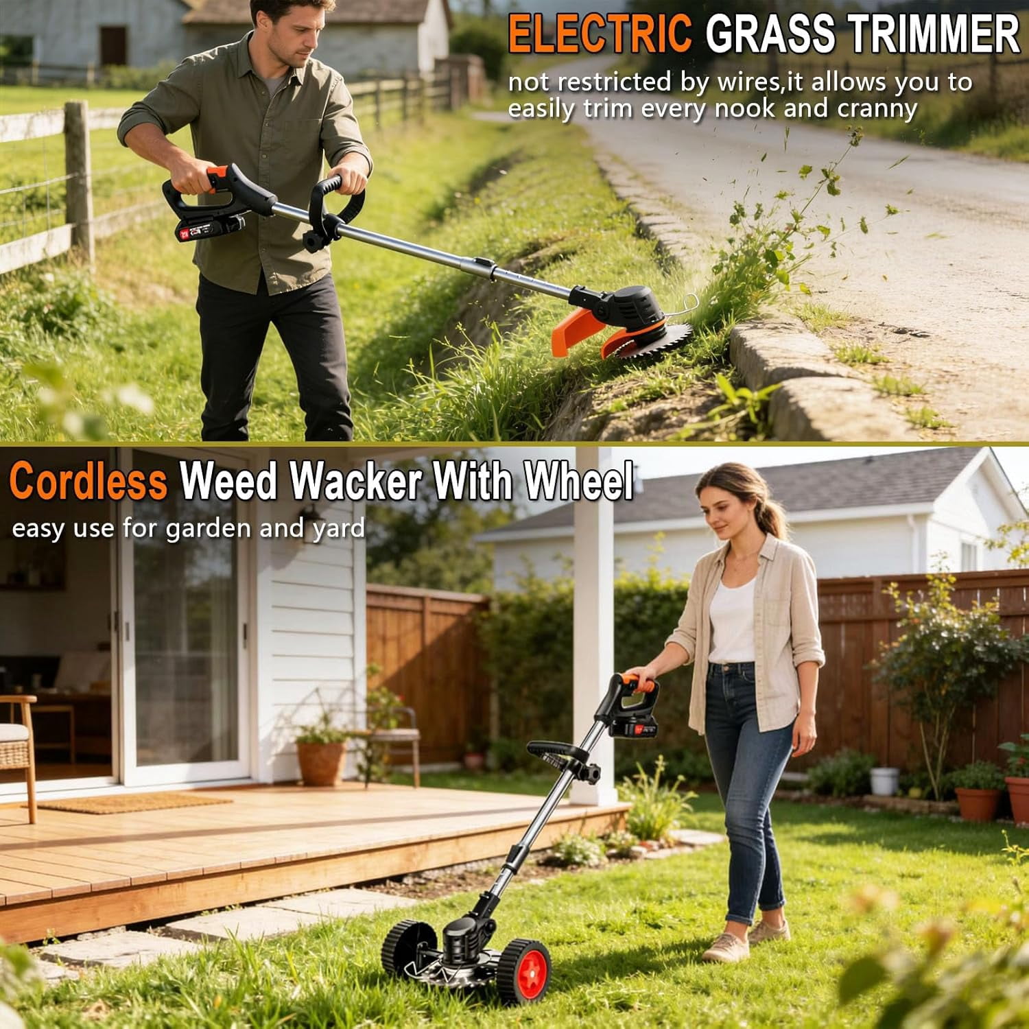 Cordless Weed Wacker Electric Weed Wacker 21V Battery Powered Brush Cutter 3-in-1 Lightweight Grass Trimmer Weed Cutter Lawn Edger with 3 Types Blade & Wheels