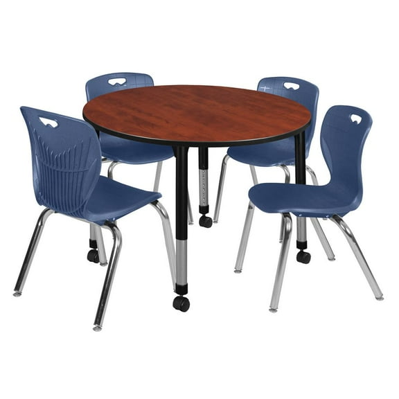 Regency Kee 48" Round Height Adjustable Classroom Table - Cherry & 4 Andy 18-in Stack Chairs- Navy Blue