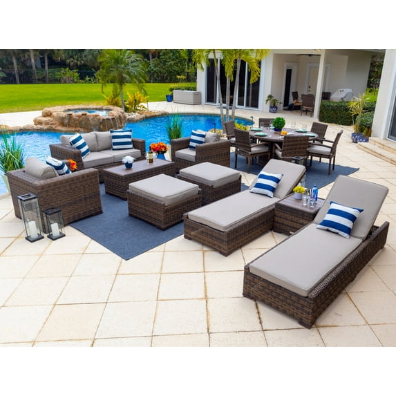 Tuscany 16-Piece Resin Wicker Outdoor Patio Furniture Combination Set in Brown w/ Loveseat Lounge Set, Round Dining Set, and Chaise Lounge Set (Half-Round Brown Wicker, Polyester Light Gray)
