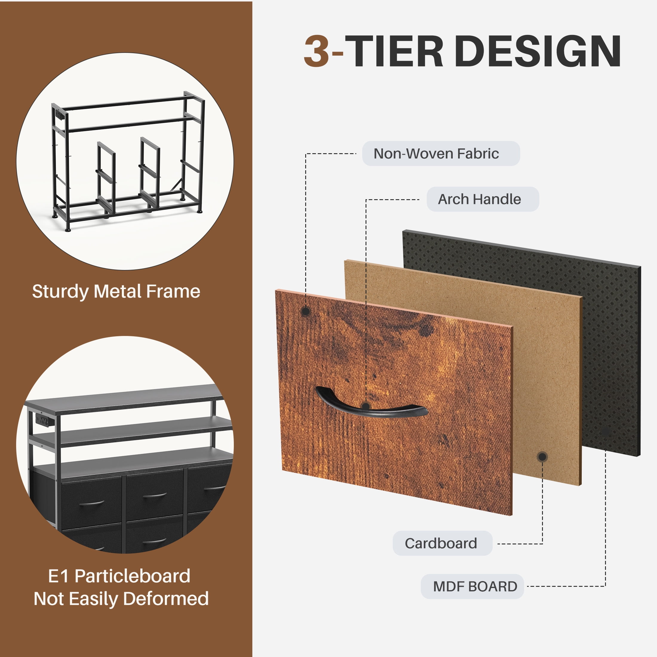 EDX 6-Drawer Fabric Dresser with Power Outlets and LED Light, TV stand for Bedroom, Living Room, Hallway, Rust