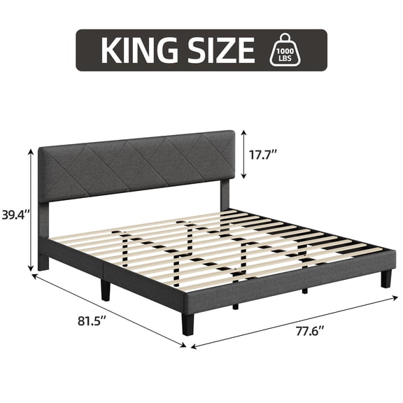 Twin Upholstered Platform Bed Frame with Headboard, Wooden Slat Support, Noise-Free Mattress Foundation, No Box Spring Needed, Easy Assembly, Grey