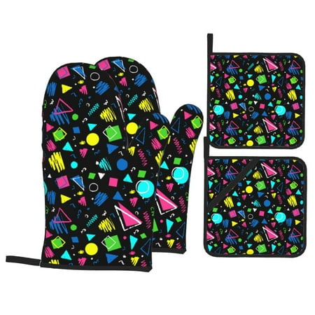

Oven Mitts and Pot Holders Sets 4 pcs Geometric 1980s Styled Non-Slip Oven Gloves Potholders Soft Quilted Lining Heat Resistant Gloves Hot Pads for Kitchen Cooking Baking