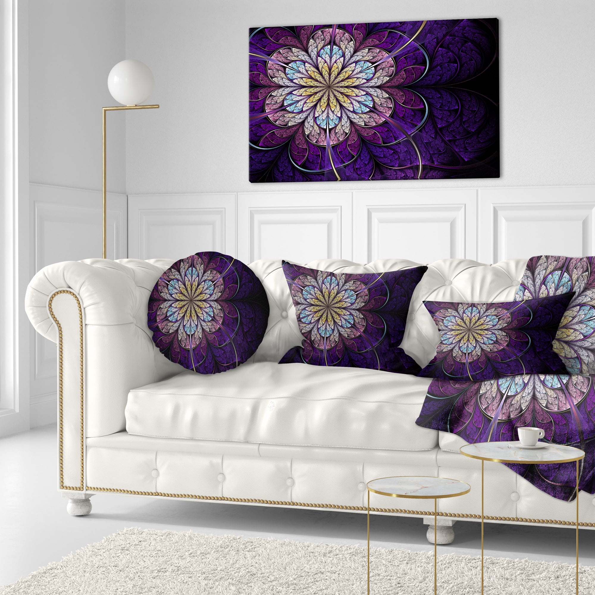 Designart 12" x 20" Contemporary and Modern Purple Fractal and Flower Polyester Throw Pillow