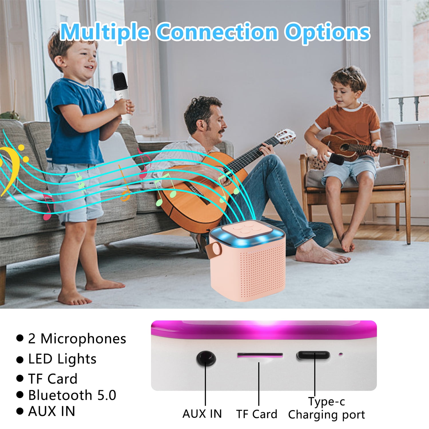 Karaoke Machine, Mini Portable Bluetooth Karaoke Singing Speaker for Adults Kids, with 2 Wireless Mics and Lights, Ideal Gifts for Girls Boys