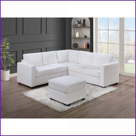 Contemporary 4-Person L-Shaped Sectional Sofa Set with Ottoman – Plush Fur-Like Corduroy for Living Room | Milk White | Corduroy,Foam Spring,Plywood | Square Arms