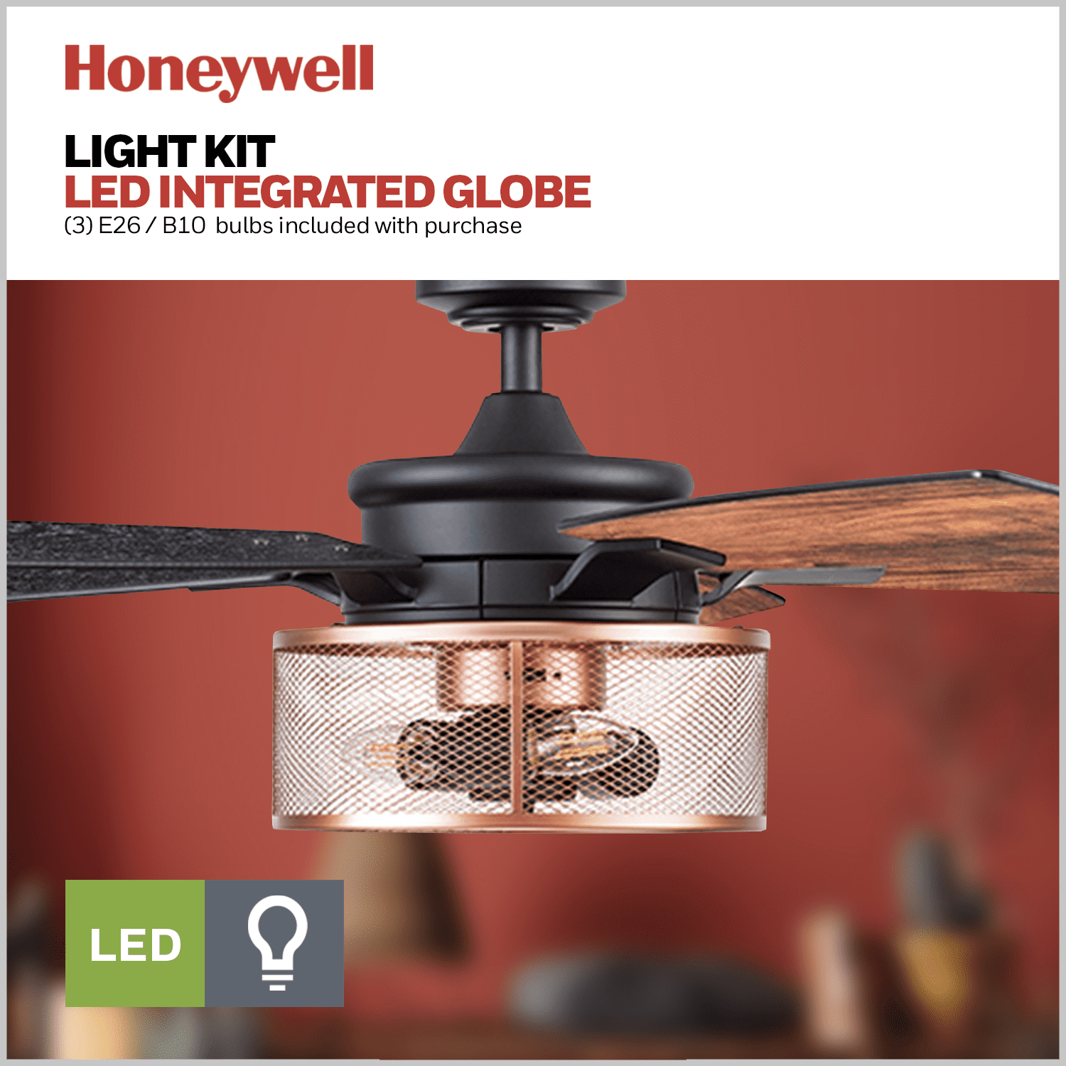Honeywell Carnegie 52" Matte Black and Copper Ceiling Fan with Lights and Remote Control