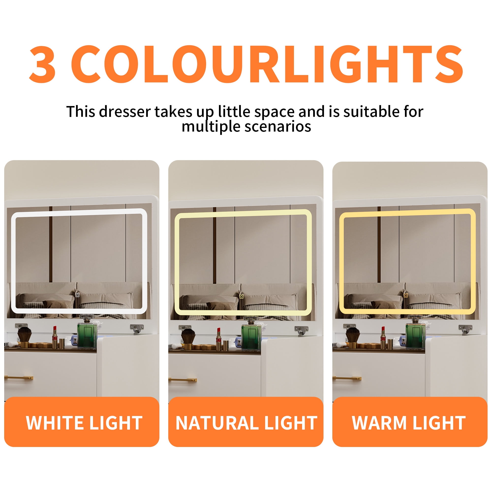 Jopath White Vanity Desk Set with Mirror & Lights,3 in 1 Makeup Vanity Table with 3 Drawers and Stool,Dressing Table for Bedroom,White02