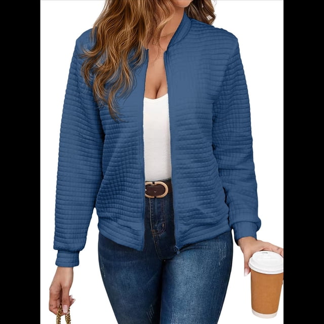 Chaqueta Informal Holgada de Cuadros Pequeños para Mujer, de Color Liso, Tendencia Otoñal, con Cremallera, Larga y Cuello Redondo. Azul M