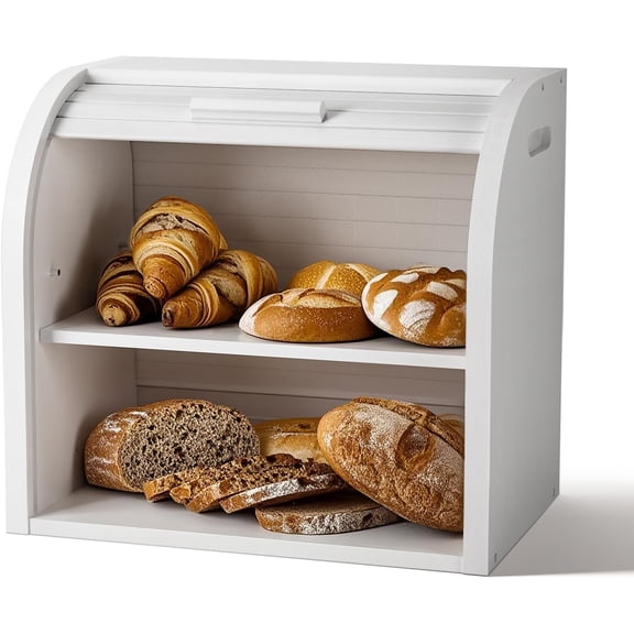 Bread Box: Large 2-Tier Bamboo Roll Top Bread Storage Container for Kitchen Counter, Bread Holder Food Bin for Countertop, Self-Assembly, White