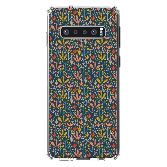 DistinctInk Clear Shockproof Hybrid Case for Samsung Galaxy S10 (6.1" Screen) - TPU Bumper, Acrylic Back, Tempered Glass Screen Protector - Modern Floral - Navy Yellow Teal