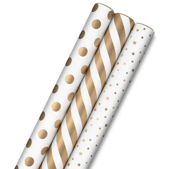 Hallmark Gold and White Wrapping Paper Roll Bundle with Cut Lines on Reverse (3 Rolls: 105 sq. ft. ttl)