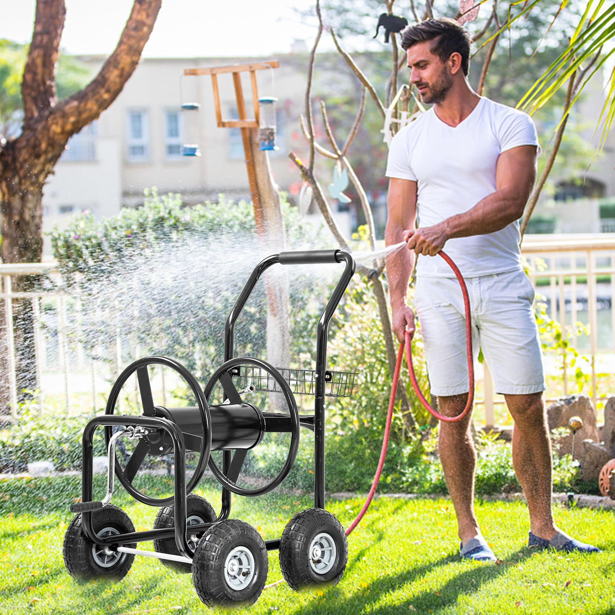 Hose Reel Cart, Hold Up To 300 Ft of 5/8" Hose, Garden Water Hose Carts Mobile Tools with Wheels and Storage Basket, Heavy Duty, for Garden, Yard, Lawn Outdoor Planting, Black