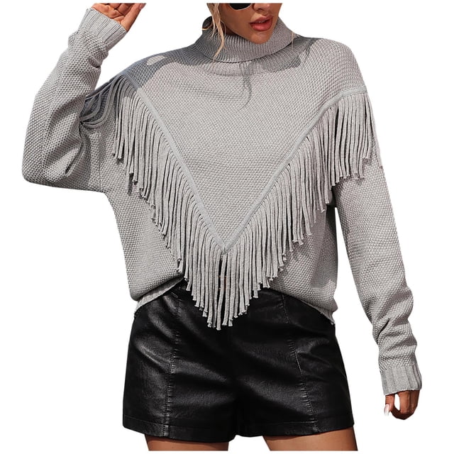 Pisexur Chandail Surdimensionné pour Femmes Doux Boho à Franges Chandail Tendance Confortable Col Rond à Franges Tricoté