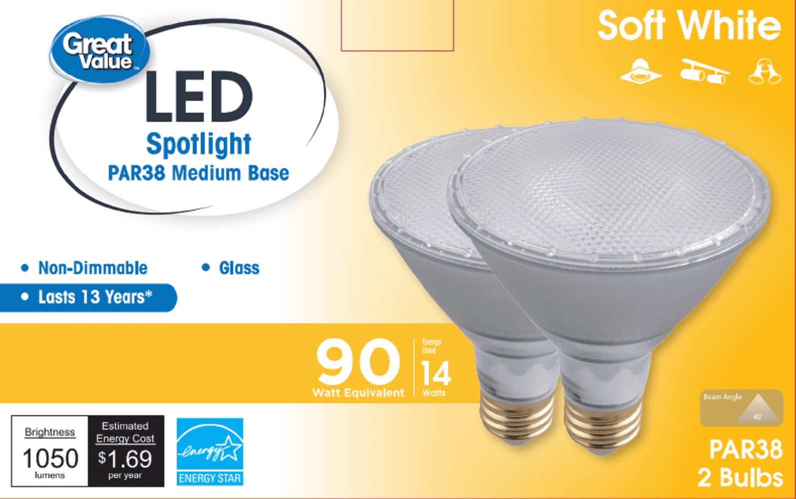 Great Value Led Light Bulb 90W Eqv. Par38 soft white 2 Pack