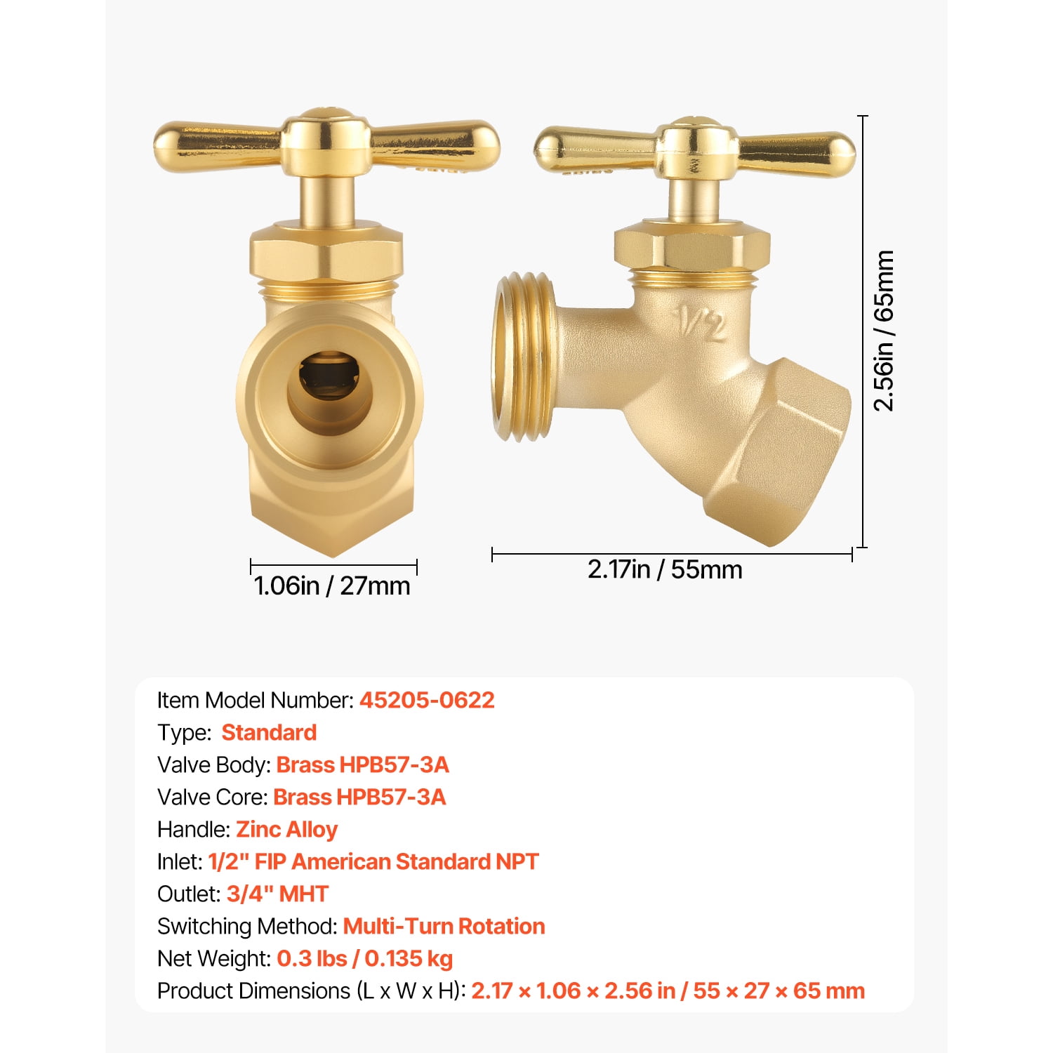 KFFKFF 1/2" FIP x 3/4" MHT Garden Valve, Multi-Turn Outdoor Faucet, Durable Brass Hose Bibb, Water Spigot for Plumbing, Fits Copper and Galvanized Pipes