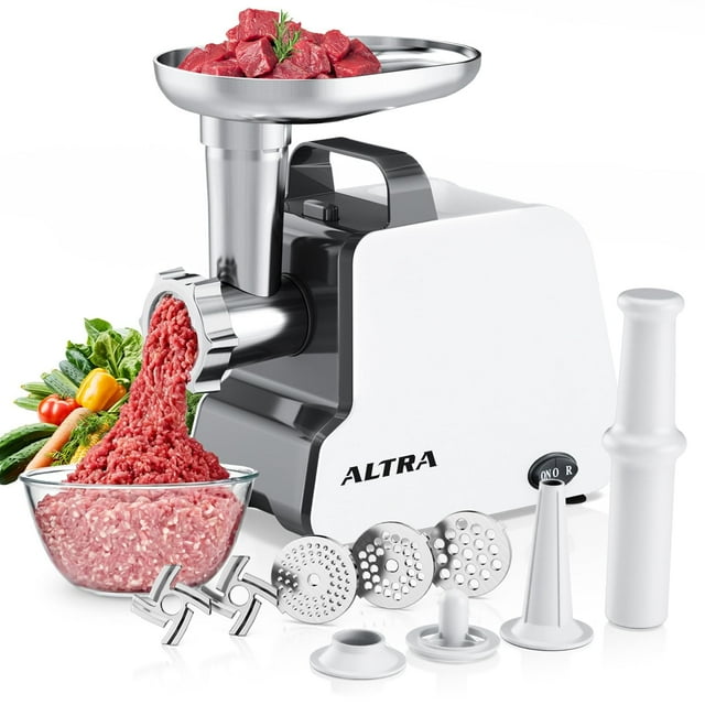 Molinillo eléctrico de carne, 2300 W máximo, relleno de salchichas resistente con 2 cuchillas, 3 platos de molienda, tubo de salchichas y kit de Kubbe, picadora de carne de cocina en casa con mango