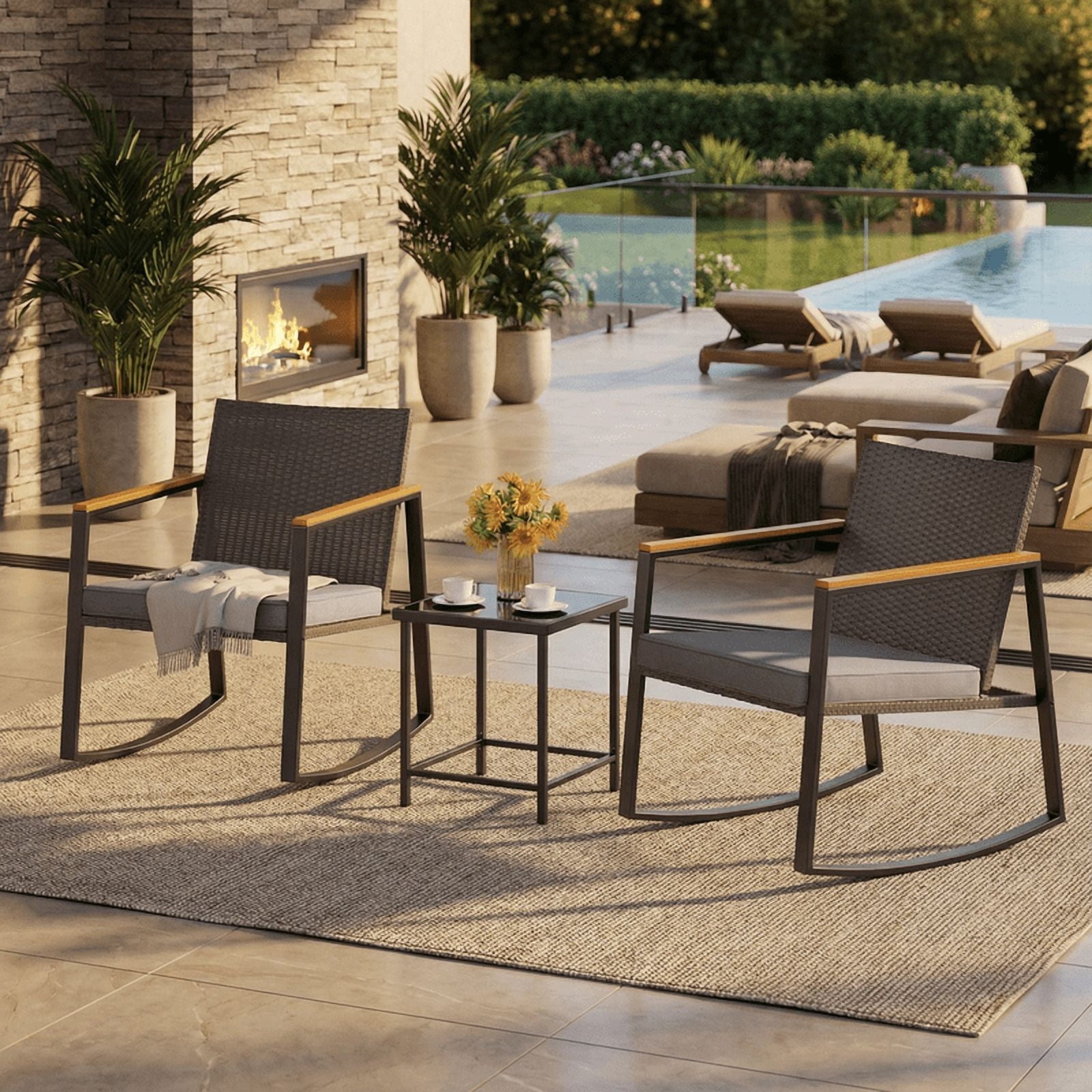 Aiho 3 Pieces Rocking Patio Furniture Set, Wicker Outdoor Chair Set with Coffee Table for Garden, Gray