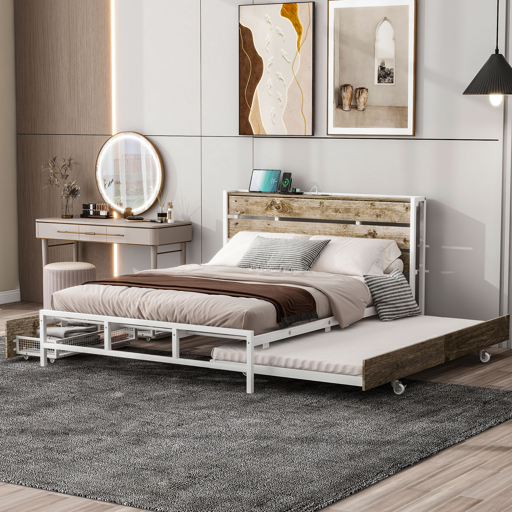 Euroco Wood Metal Queen Size Platform Bed with Functional Headboard, 4 Storage Drawers, Charging Station and USB Ports, White