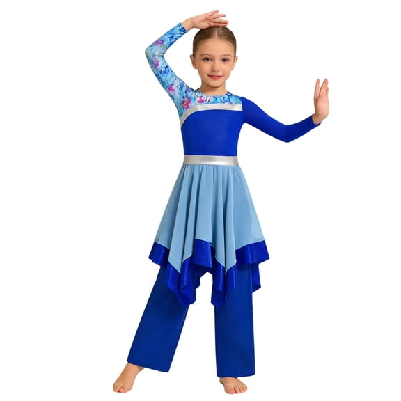 Choomomo Kids Girls Worship Praise Dance Outfit Camouflage Printed Irregular Liturgical Dress with Wide Leg Pants Blue 12