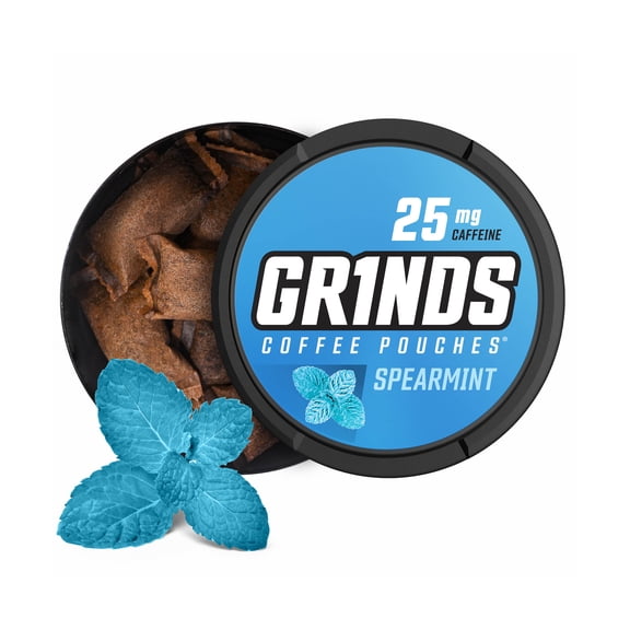 Grinds Coffee Pouches, Nicotine-Free, 25mg Caffeine, Spearmint, 15 Pouches (1 Can)