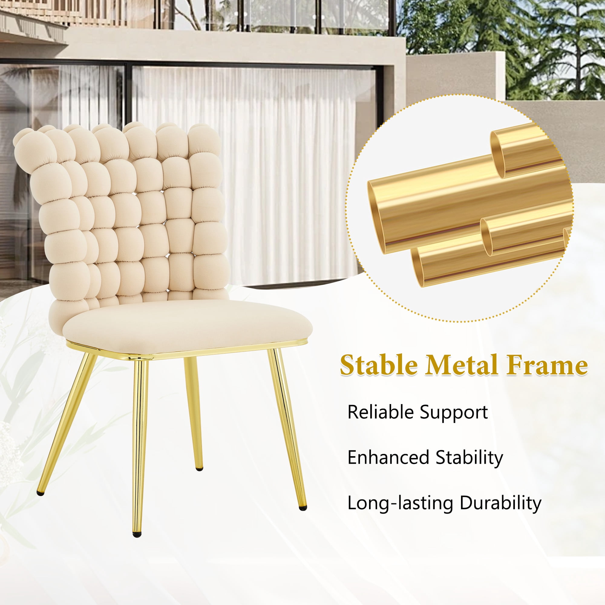 Leumius Set of 2 Luxury Bubble Tufted Swivel Chair, Premium Velvet Upholstered Accent Chair with Gold Metal Frame, Ergonomic Space-Saving Desk Chair for Modern Interiors Beige