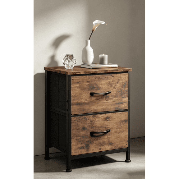 Night Stand, Small Dresser with 2 Drawers & Wooden Top, Nightstand with Fabric Bins, Bedside Table End Table for Bedroom, Closet, Entryway, College Dorm, Rustic Brown