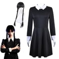 thumbnail image 1 of Girls Kids Wednesday Dress With Wig Adult Long Sleeve Wednesday Addams Family Cosplay Costume Carnival Party Dress Up Outfit zhangyuxiang LED, 1 of 2