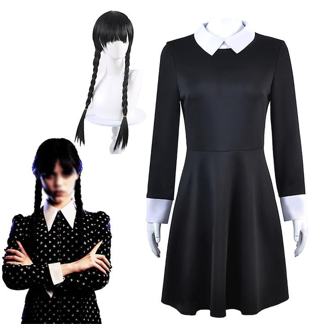 Girls Kids Wednesday Dress With Wig Adult Long Sleeve Wednesday Addams Family Cosplay Costume Carnival Party Dress Up Outfit zhangyuxiang LED