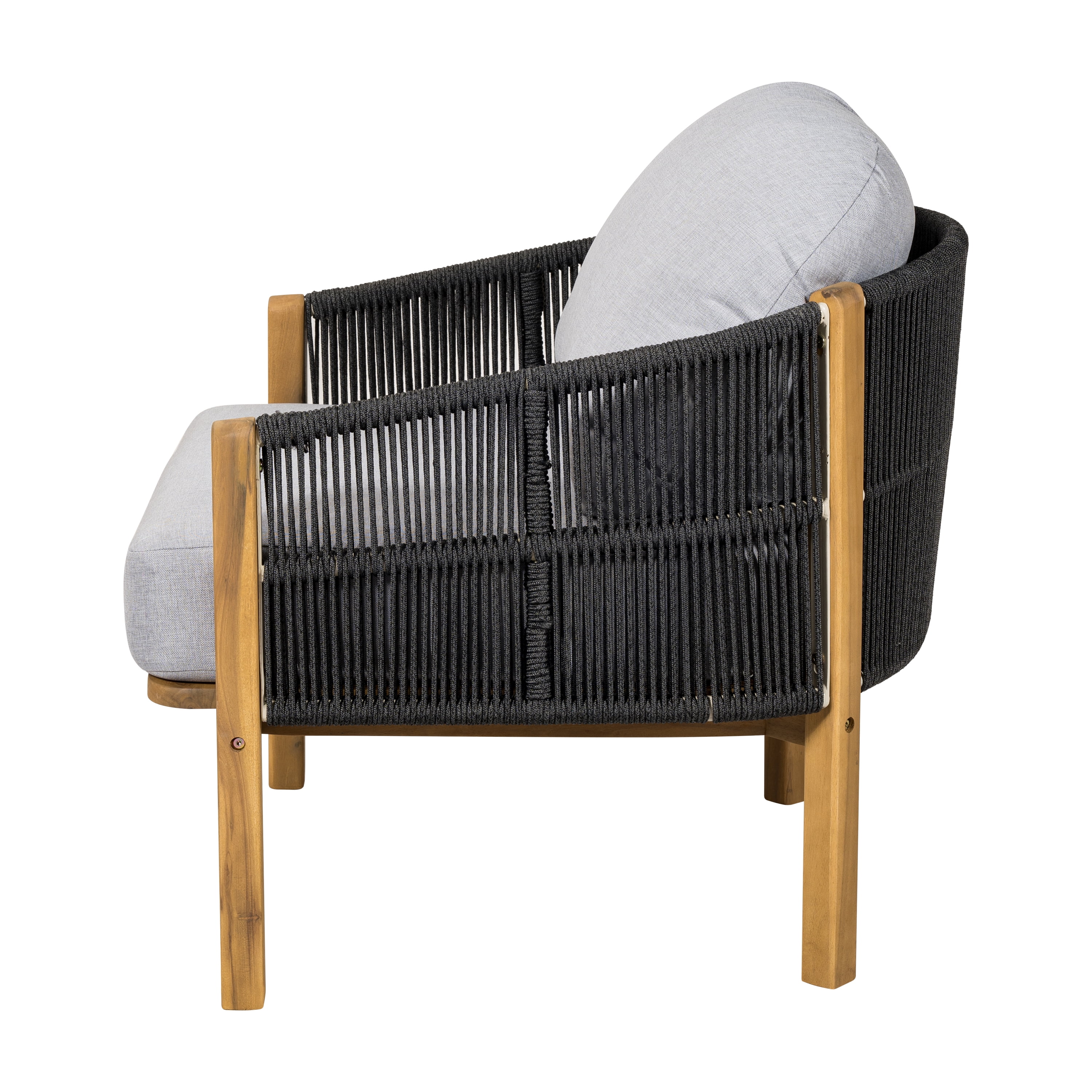 Club Chair with Acacia Wood Frame and Rope Weave, Outdoor Patio Armchair and Garden Lounge Seating with Gray Cushion, Gray and Teak