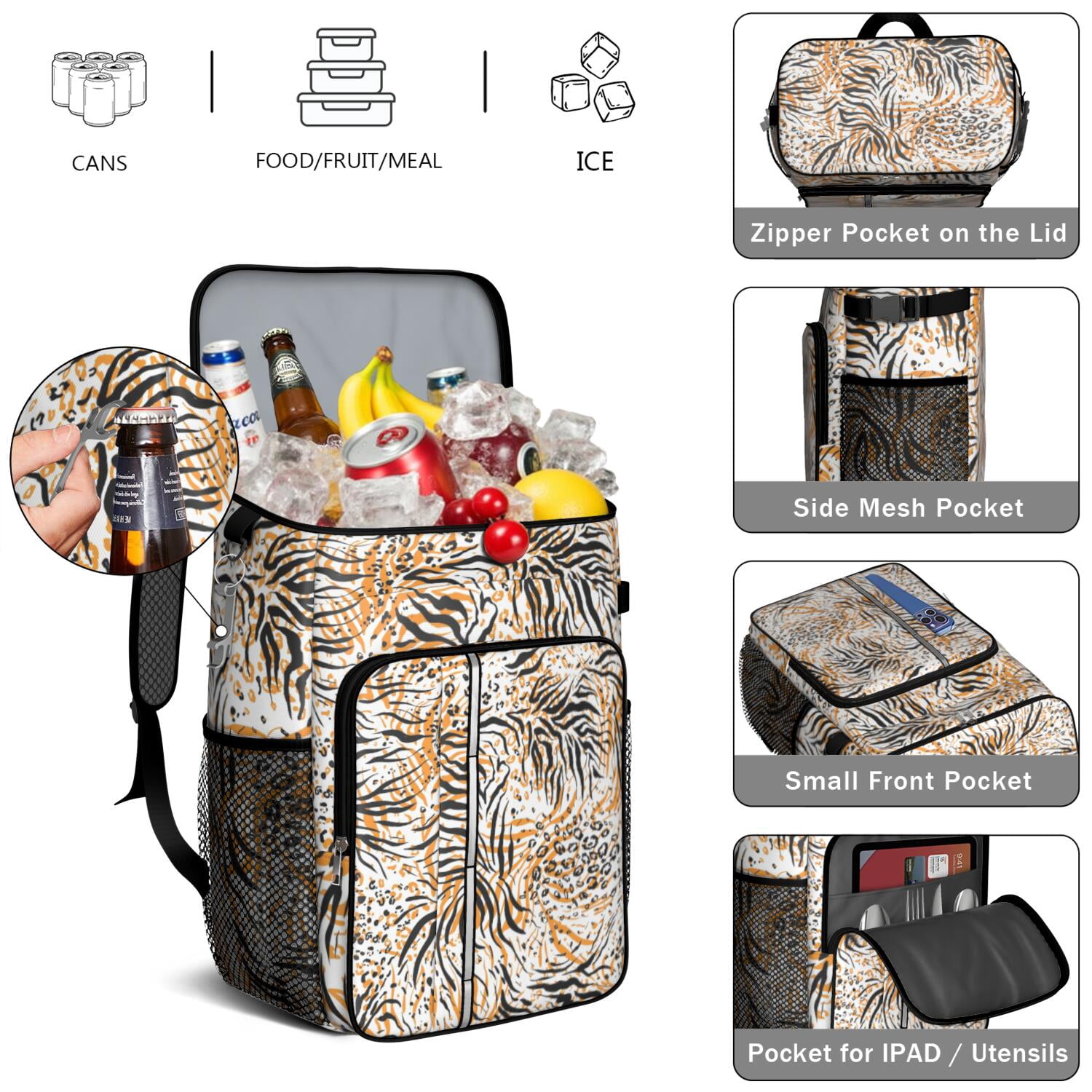 Travel Cooler Bag - Animal Print Pattern Camping Beer Cooler Backpack with Bottle Opener- Waterproof Insulated Picnic Backpacks - Cooler Bag for Beach