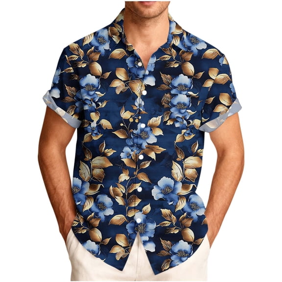 DJDLJWCJ Mens Button Down Shirts Short Sleeve, Vacation Hawaiian Tops polo Tee Shirts for Men Summer Beach Shirts Dark Blue S