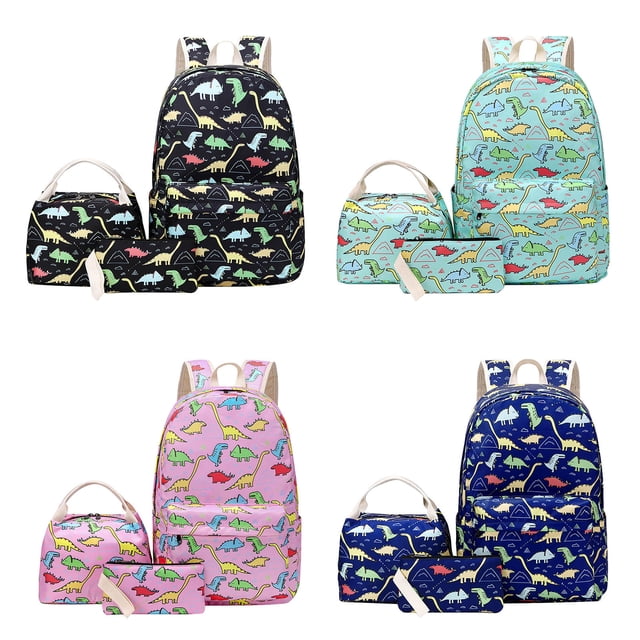 ganfancp mochila preescolar ligera para niños y niñas bolsa para lápices de dinosaurio fiambrera conjunto multicolor con estampado de dinosaurios, vista frontal centrada de mochila con cremallera y asas acolchadas, junto a una fiambrera y un estuche a juego sobre fondo blanco. Apto también como set escolar compacto para guardería o viajes cortos.