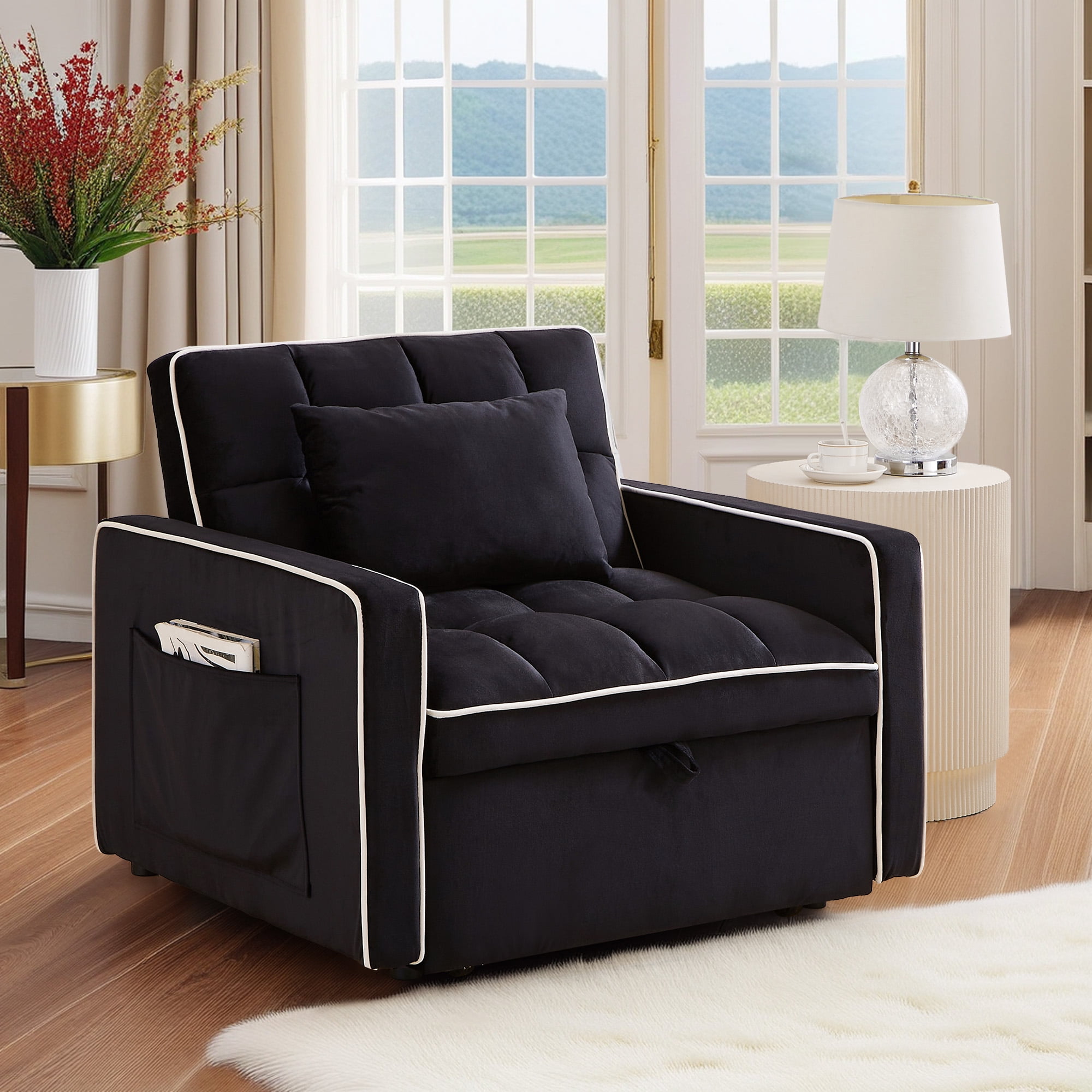 Dinosisco 4-in-1 Convertible Chair Bed, Sleeper Chair Lounge Chair Indoor, Modern Single Pull Out Couch for Living Room, Black Velvet