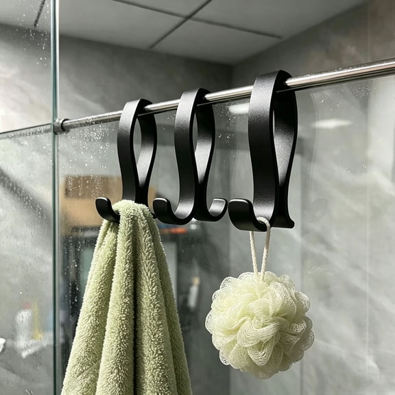 Over-Glass Shower Hooks, Dual-Sided Towel Hangers, Fits up to 1" Thick Metal Trim, Black, 3 Pack