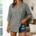 thumbnail image 2 of felwors Cotton 3/4 Sleeve Button Down Shirts for Women Gingham Plaid Striped Tops V Neck Casual Loose Blouse (Green, S), 2 of 7